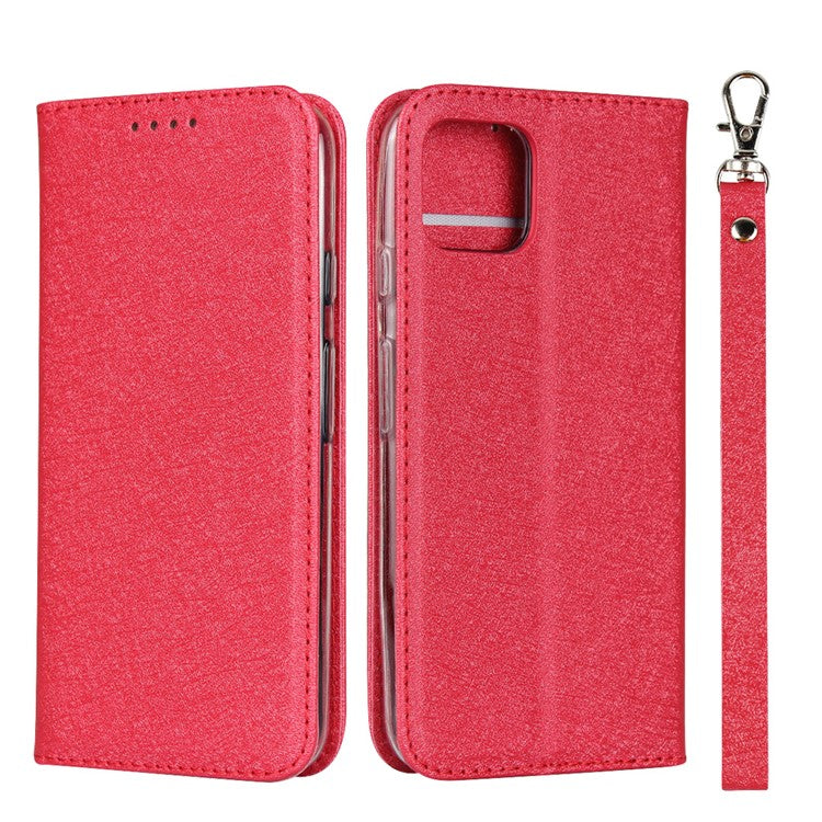 Silk Skin Leather Wallet Stand Cell Phone Case with Strap for Google Pixel 4 - Red