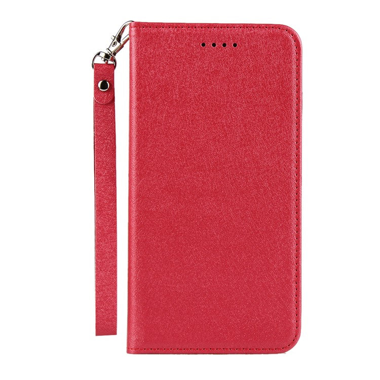 Silk Skin Leather Wallet Stand Cell Phone Case with Strap for Google Pixel 4 - Red