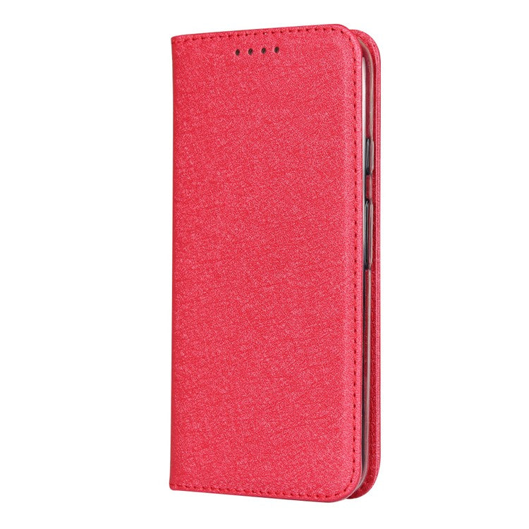 Silk Skin Leather Wallet Stand Cell Phone Case with Strap for Google Pixel 4 - Red