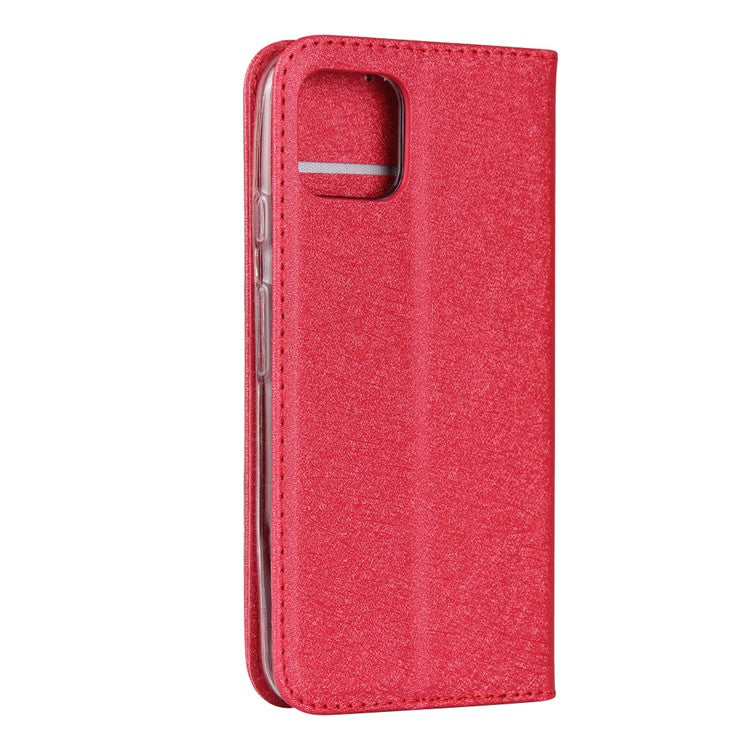 Silk Skin Leather Wallet Stand Cell Phone Case with Strap for Google Pixel 4 - Red