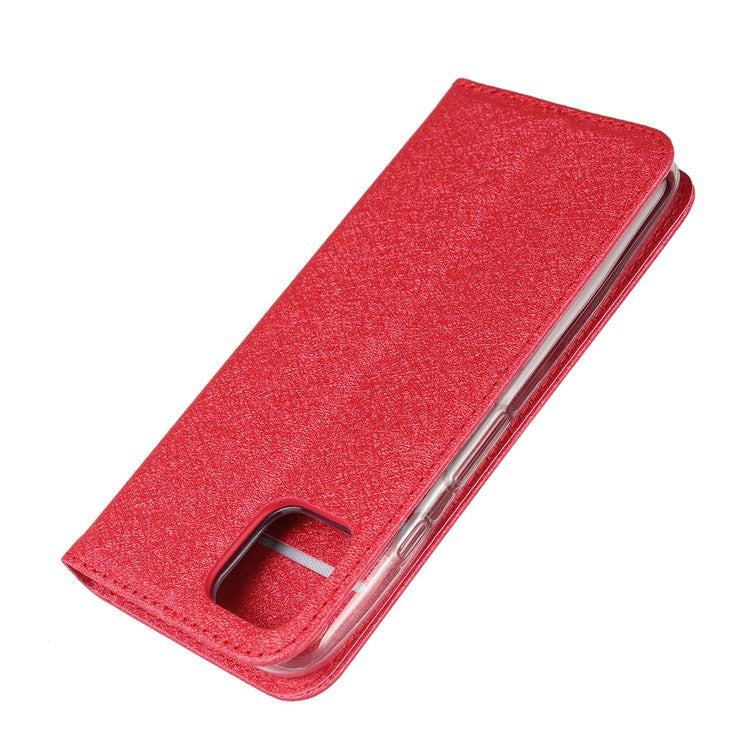 Silk Skin Leather Wallet Stand Cell Phone Case with Strap for Google Pixel 4 - Red