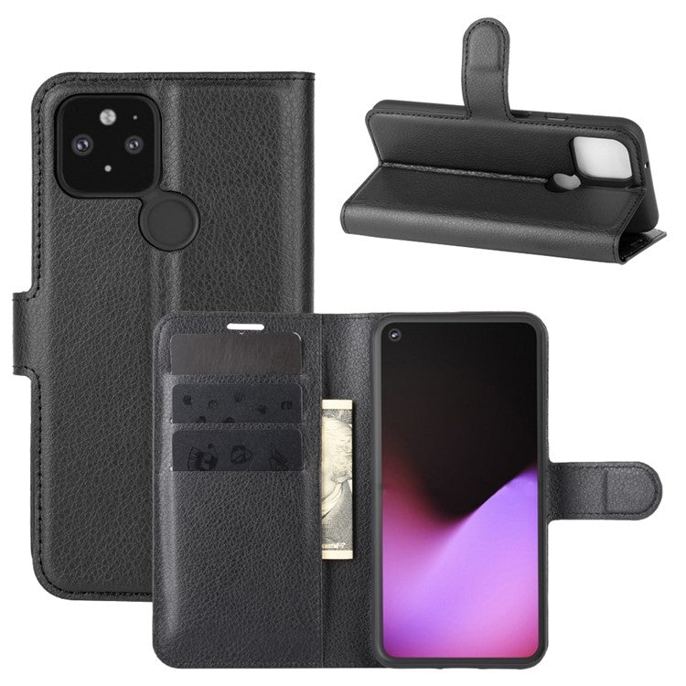 Litchi Surface Unique Shell Leather Case with Stand for Google Pixel 4a 5G/Pixel 5XL - Black