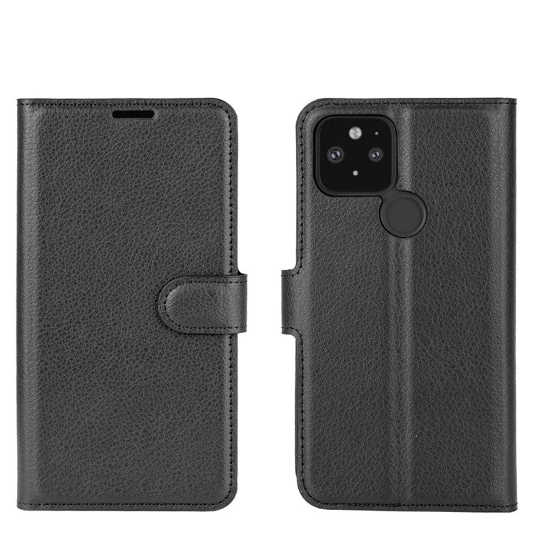 Litchi Surface Unique Shell Leather Case with Stand for Google Pixel 4a 5G/Pixel 5XL - Black