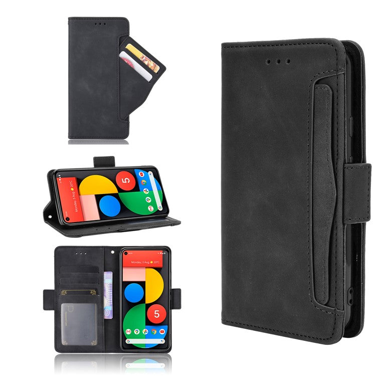 Protective Leather Case with Multiple Card Slots Phone Cover for Google Pixel 5 - Black