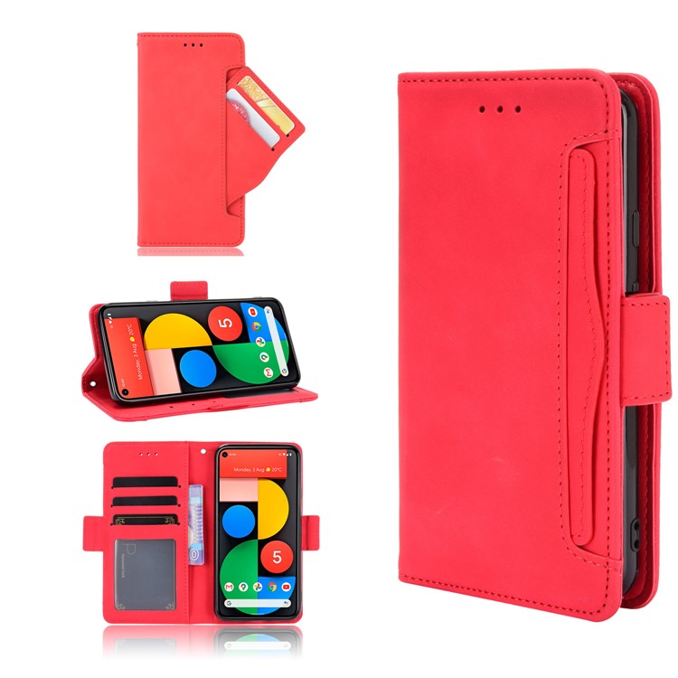 Protective Leather Case with Multiple Card Slots Phone Cover for Google Pixel 5 - Red