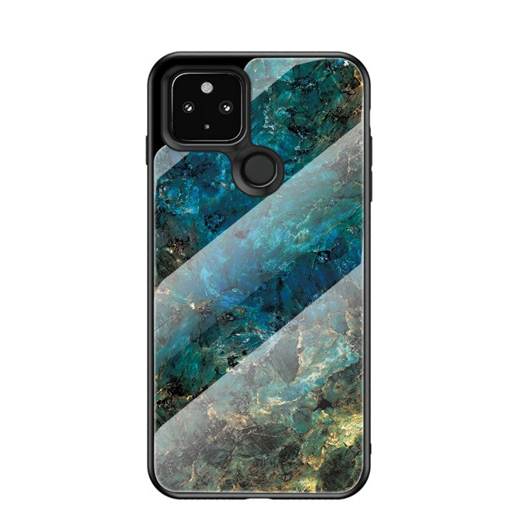 Stylish Marbling Pattern Tempered Glass Cell Phone Hybrid Cover for Google Pixel 5 - Emerald Marble