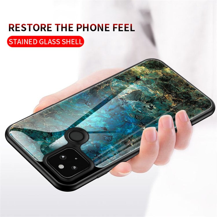 Stylish Marbling Pattern Tempered Glass Cell Phone Hybrid Cover for Google Pixel 5 - Emerald Marble