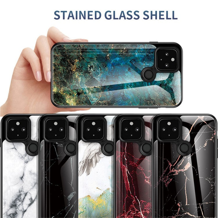 Stylish Marbling Pattern Tempered Glass Cell Phone Hybrid Cover for Google Pixel 5 - Emerald Marble