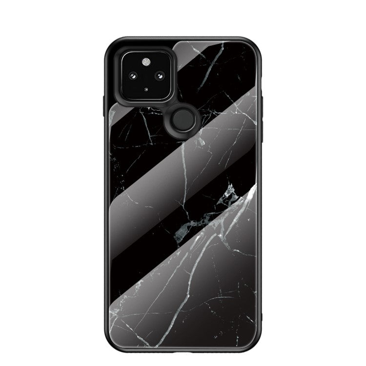 Stylish Marbling Pattern Tempered Glass Cell Phone Hybrid Cover for Google Pixel 5 - Black Marble