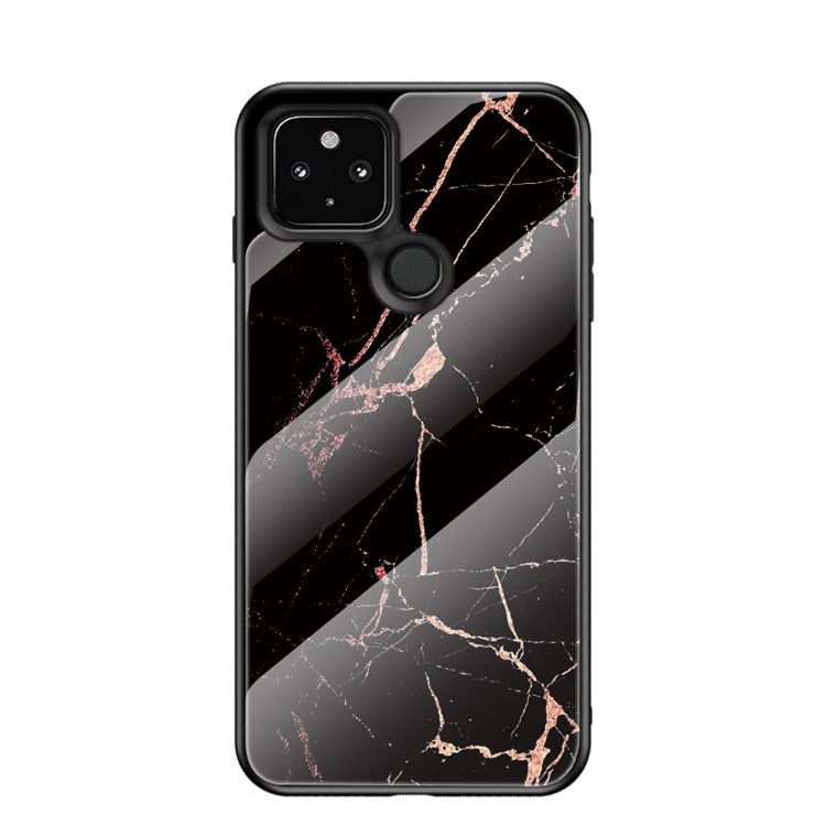 Stylish Marbling Pattern Tempered Glass Cell Phone Hybrid Cover for Google Pixel 5 - Gold Black Marble