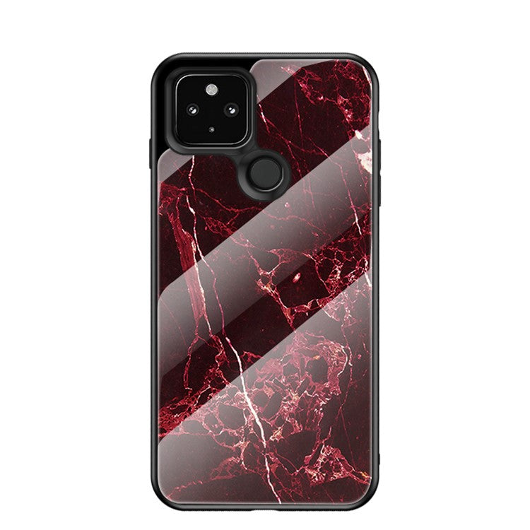 Stylish Marbling Pattern Tempered Glass Cell Phone Hybrid Cover for Google Pixel 5 - Blood Red Marble