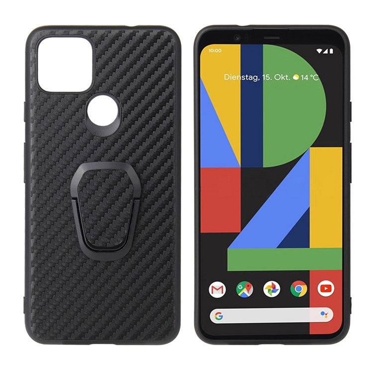 Ring-Shape Kickstand + PU Leather Coated Phone Cover Shell for Google Pixel 4a 5G - Carbon Fiber Texture