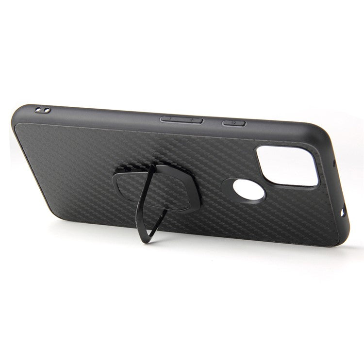 Ring-Shape Kickstand + PU Leather Coated Phone Cover Shell for Google Pixel 4a 5G - Carbon Fiber Texture