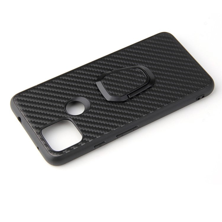 Ring-Shape Kickstand + PU Leather Coated Phone Cover Shell for Google Pixel 4a 5G - Carbon Fiber Texture