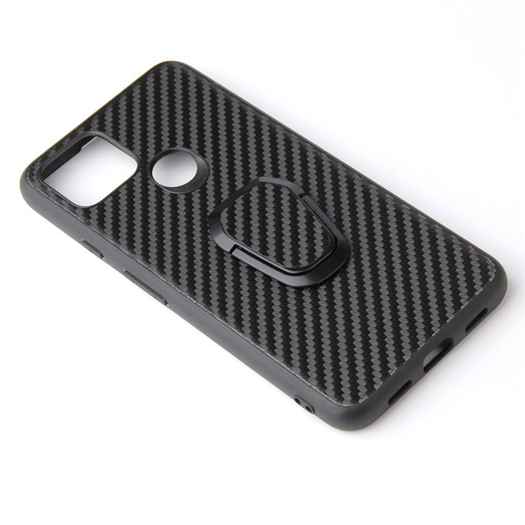 Ring-Shape Kickstand + PU Leather Coated Phone Cover Shell for Google Pixel 4a 5G - Carbon Fiber Texture