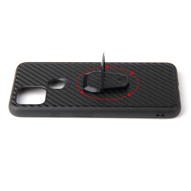 Ring-Shape Kickstand + PU Leather Coated Phone Cover Shell for Google Pixel 4a 5G - Carbon Fiber Texture