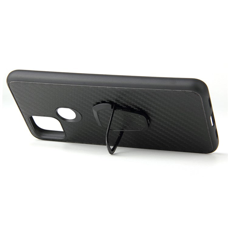 Ring-Shape Kickstand + PU Leather Coated Phone Cover Shell for Google Pixel 4a 5G - Carbon Fiber Texture