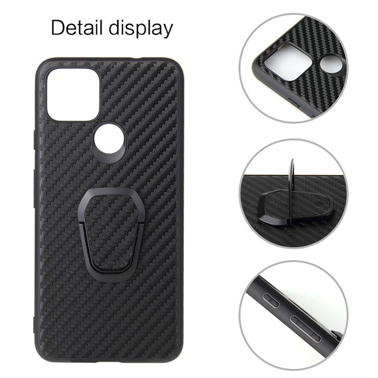 Ring-Shape Kickstand + PU Leather Coated Phone Cover Shell for Google Pixel 4a 5G - Carbon Fiber Texture