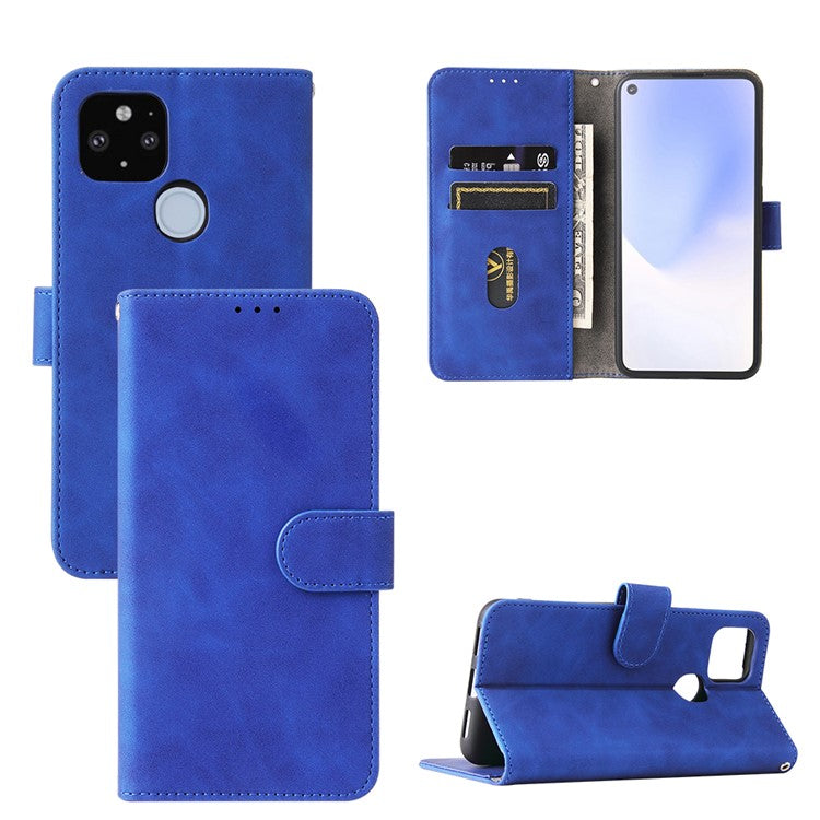 Skin-touch Folio Flip Leather Protective Shell for Google Pixel 5a 5G Wallet Stand Cover - Blue