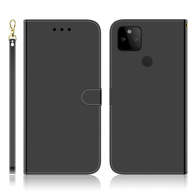 Well-Protected Mirror-like Surface Leather Case + Wrist Strap with Wallet Stand Design for Google Pixel 5a 5G - Black