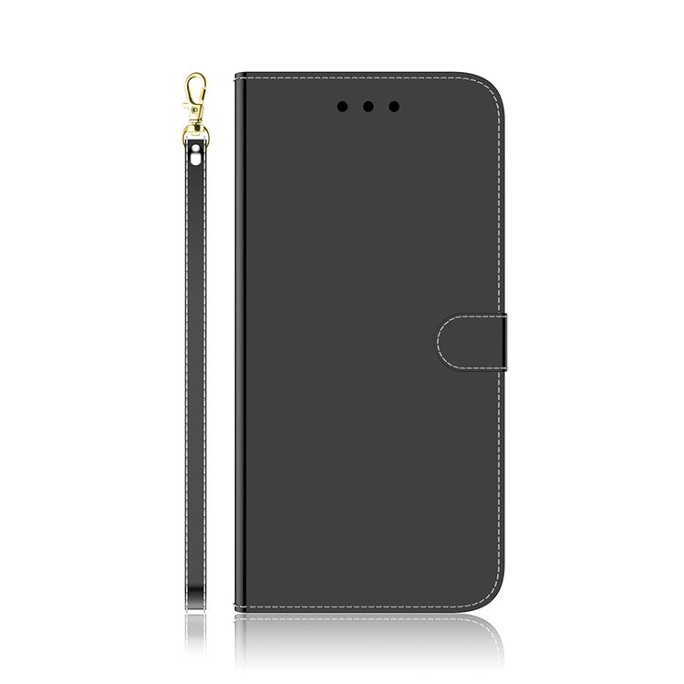 Well-Protected Mirror-like Surface Leather Case + Wrist Strap with Wallet Stand Design for Google Pixel 5a 5G - Black