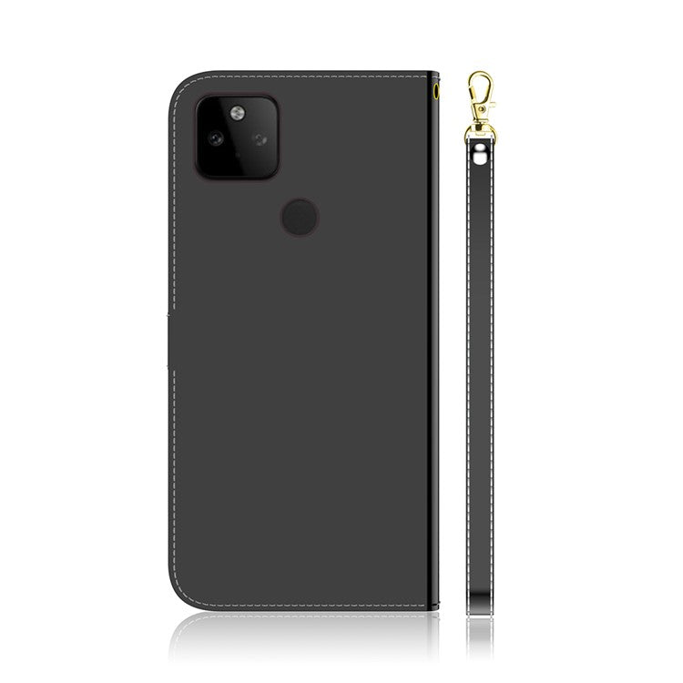 Well-Protected Mirror-like Surface Leather Case + Wrist Strap with Wallet Stand Design for Google Pixel 5a 5G - Black