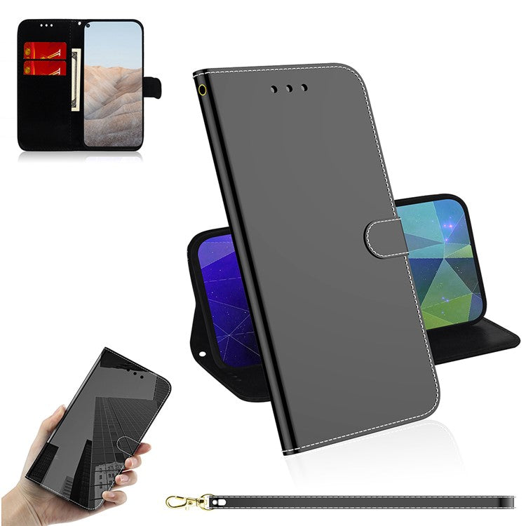 Well-Protected Mirror-like Surface Leather Case + Wrist Strap with Wallet Stand Design for Google Pixel 5a 5G - Black