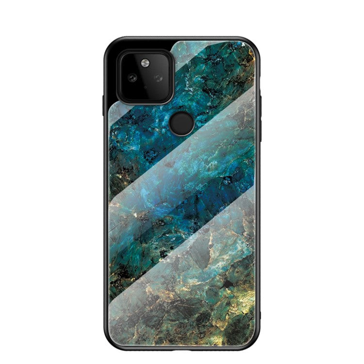 Well-Protected Anti-Scratch Marbling Pattern Design Tempered Glass Cell Phone Cover for Google Pixel 5a 5G - Emerald Marble