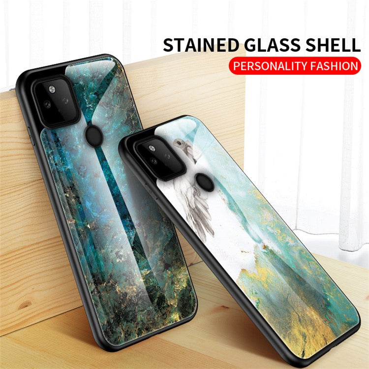 Well-Protected Anti-Scratch Marbling Pattern Design Tempered Glass Cell Phone Cover for Google Pixel 5a 5G - Emerald Marble