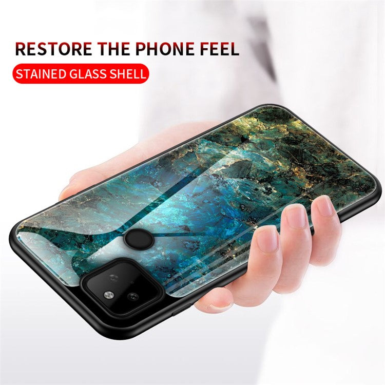 Well-Protected Anti-Scratch Marbling Pattern Design Tempered Glass Cell Phone Cover for Google Pixel 5a 5G - Emerald Marble