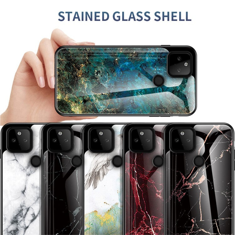 Well-Protected Anti-Scratch Marbling Pattern Design Tempered Glass Cell Phone Cover for Google Pixel 5a 5G - Emerald Marble