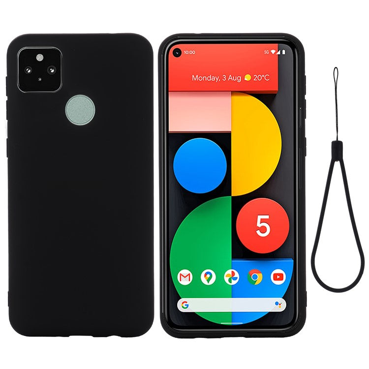 Well-Protected Solid Color Liquid Silicone Phone Protective Shell with Strap for Google Pixel 5a 5G - Black