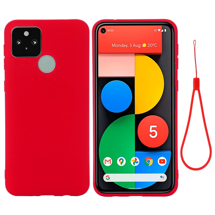 Well-Protected Solid Color Liquid Silicone Phone Protective Shell with Strap for Google Pixel 5a 5G - Red