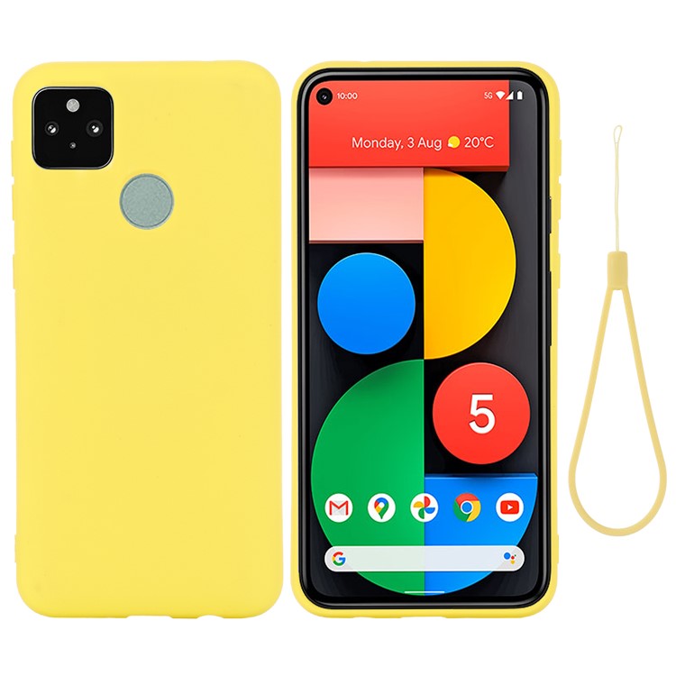 Well-Protected Solid Color Liquid Silicone Phone Protective Shell with Strap for Google Pixel 5a 5G - Yellow