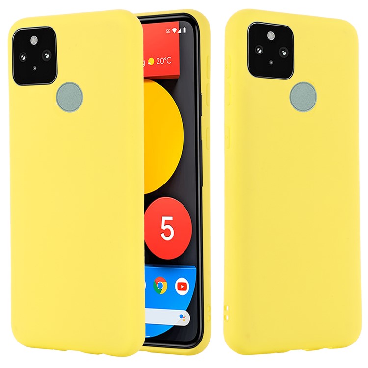 Well-Protected Solid Color Liquid Silicone Phone Protective Shell with Strap for Google Pixel 5a 5G - Yellow