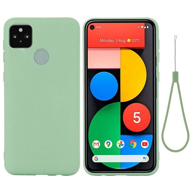 Well-Protected Solid Color Liquid Silicone Phone Protective Shell with Strap for Google Pixel 5a 5G - Green