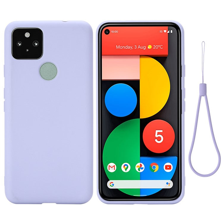 Well-Protected Solid Color Liquid Silicone Phone Protective Shell with Strap for Google Pixel 5a 5G - Purple