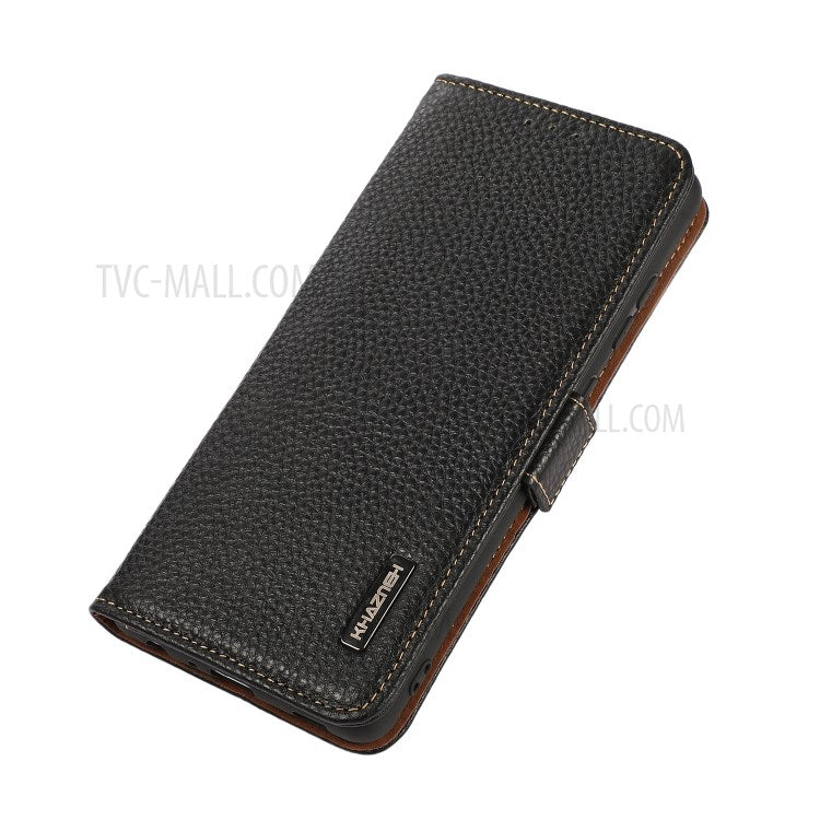 KHAZNEH Litchi Texture Genuine Leather Anti-theft Swiping Design Stand Wallet Phone Case for Google Pixel 6 Pro - Black