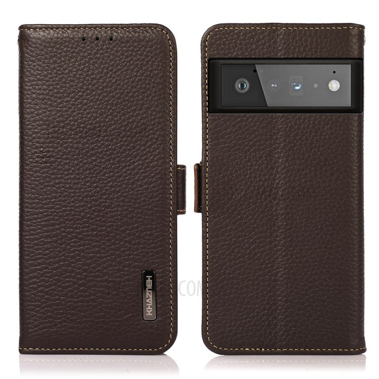 KHAZNEH Litchi Texture Genuine Leather Anti-theft Swiping Design Stand Wallet Phone Case for Google Pixel 6 Pro - Brown