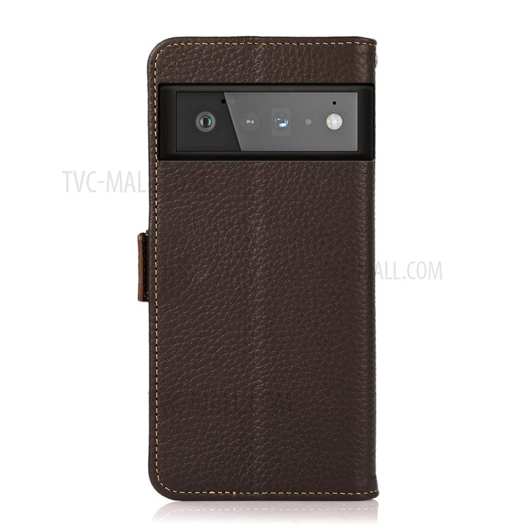 KHAZNEH Litchi Texture Genuine Leather Anti-theft Swiping Design Stand Wallet Phone Case for Google Pixel 6 Pro - Brown