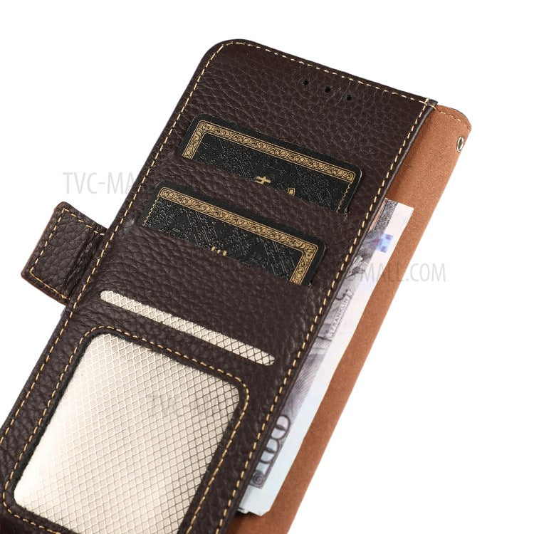 KHAZNEH Litchi Texture Genuine Leather Anti-theft Swiping Design Stand Wallet Phone Case for Google Pixel 6 Pro - Brown