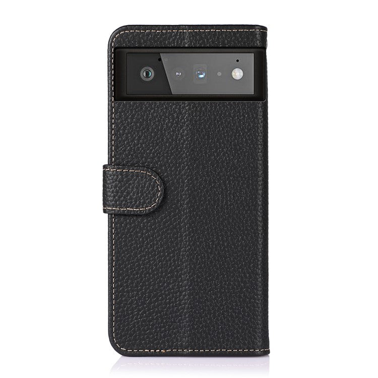 KHAZNEH Litchi Texture Top Layer Genuine Leather Phone Wallet Stand Case Protector for Google Pixel 6 - Black