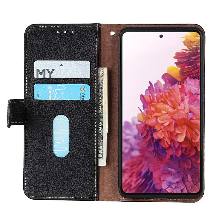 KHAZNEH Litchi Texture Top Layer Genuine Leather Phone Wallet Stand Case Protector for Google Pixel 6 - Black