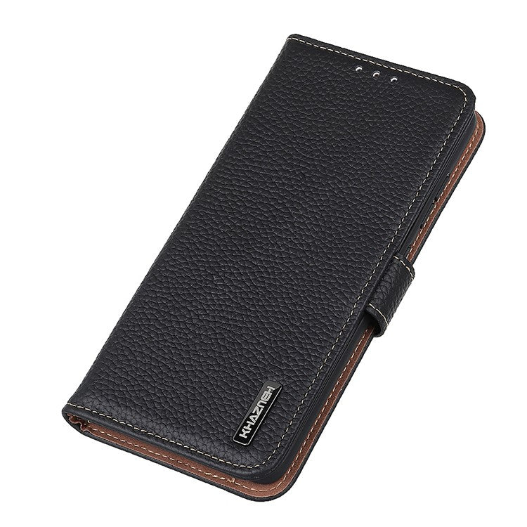 KHAZNEH Litchi Texture Top Layer Genuine Leather Phone Wallet Stand Case Protector for Google Pixel 6 - Black