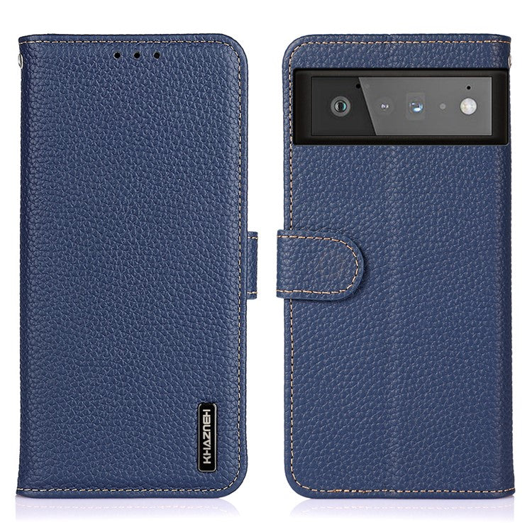 KHAZNEH Litchi Texture Top Layer Genuine Leather Phone Wallet Stand Case Protector for Google Pixel 6 - Blue