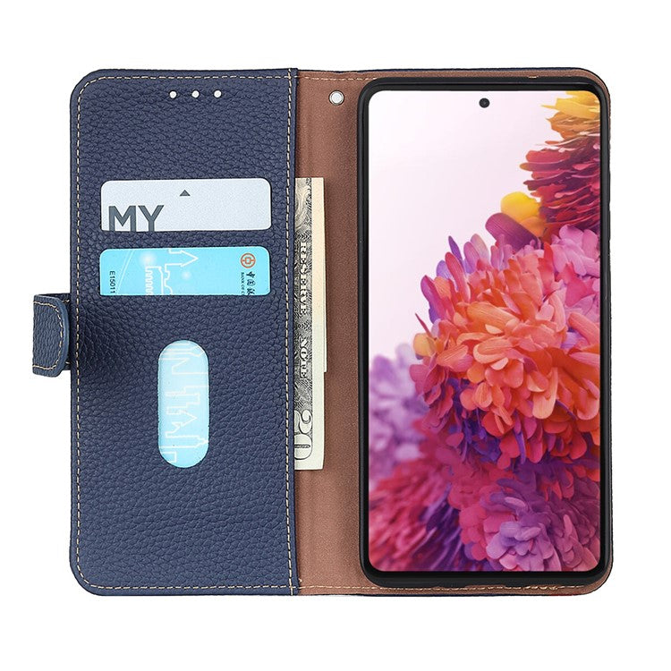 KHAZNEH Litchi Texture Top Layer Genuine Leather Phone Wallet Stand Case Protector for Google Pixel 6 - Blue