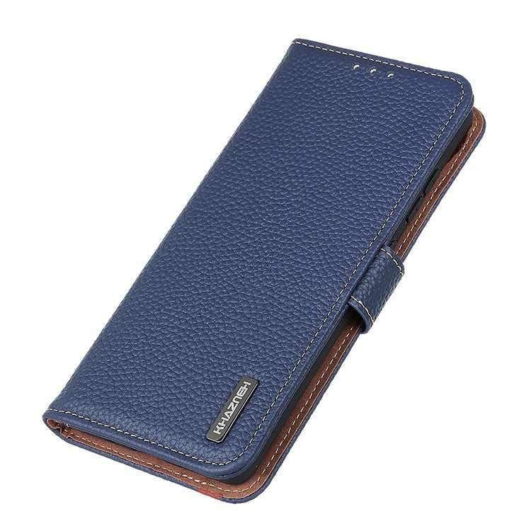 KHAZNEH Litchi Texture Top Layer Genuine Leather Phone Wallet Stand Case Protector for Google Pixel 6 - Blue