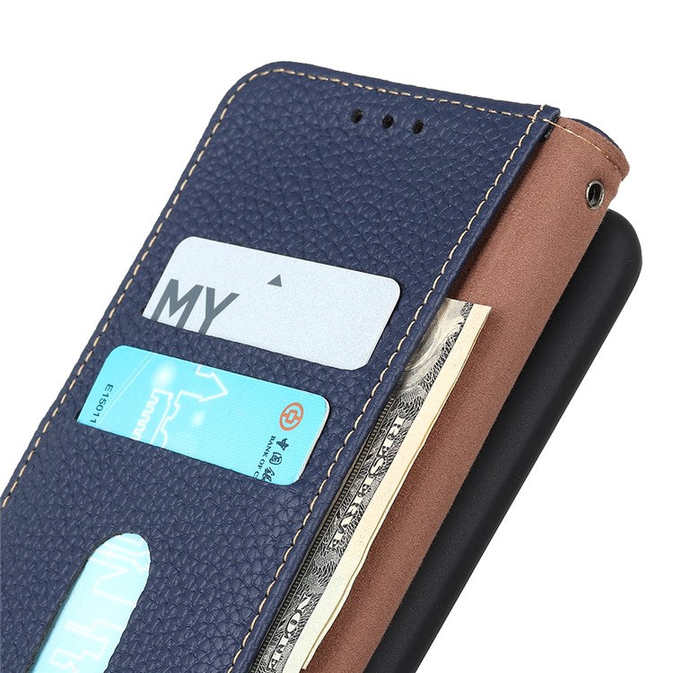 KHAZNEH Litchi Texture Top Layer Genuine Leather Phone Wallet Stand Case Protector for Google Pixel 6 - Blue