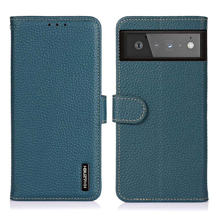 KHAZNEH Litchi Texture Top Layer Genuine Leather Phone Wallet Stand Case Protector for Google Pixel 6 - Green