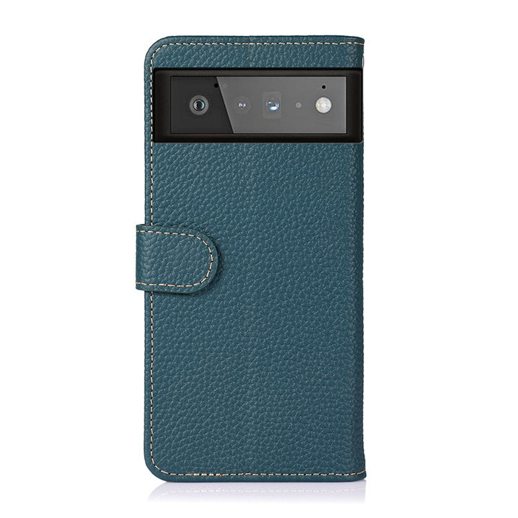 KHAZNEH Litchi Texture Top Layer Genuine Leather Phone Wallet Stand Case Protector for Google Pixel 6 - Green